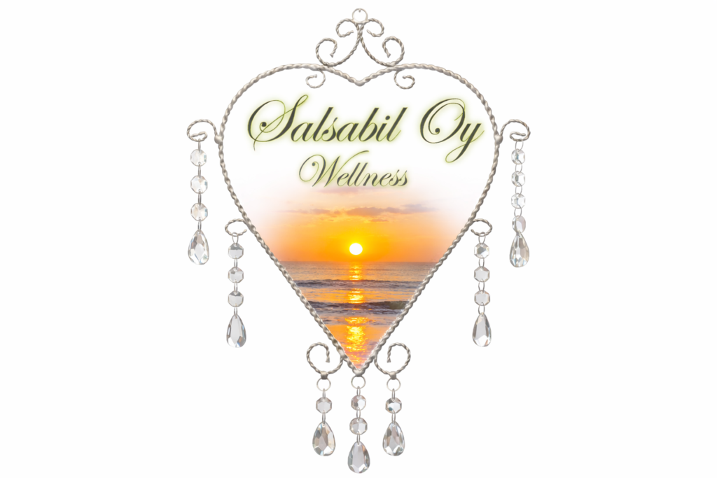 Salsabil Oy Wellness -logo – kokonaisvaltaista hyvinvointia, auringonlasku ja sydämenmuotoinen kehys.