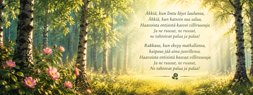 Kuvassa on metsässä avautuva valoisa tie ja runo villiruusuista